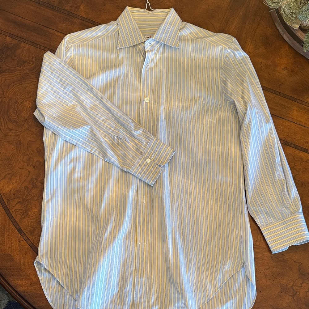 Kiton Sky Blue and White Striped Dress Shirt